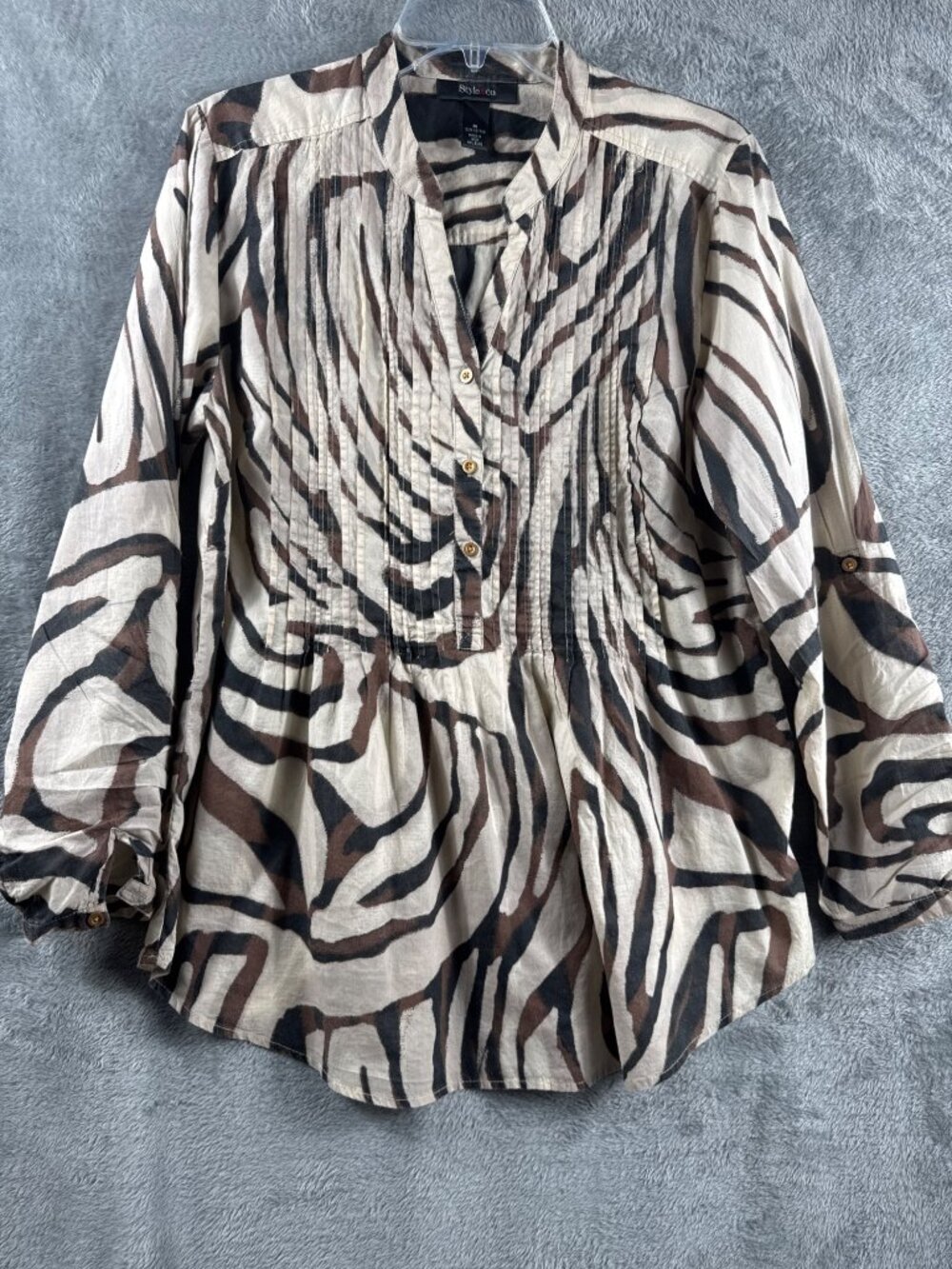 Womens Style & Co Zebra Print Button-Front Blouse M 100% Cotton Brown/Beige 3/4 - Picture 3 of 11
